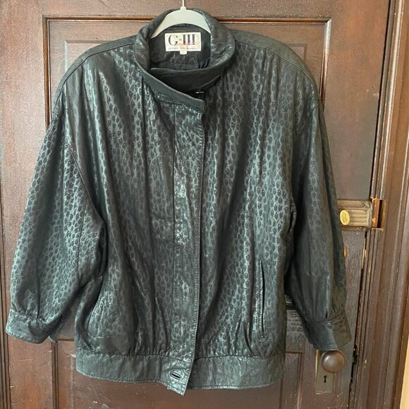 Vintage G-III 80s Black Leather Leopard Bomber Jacket M - Picture 2 of 7